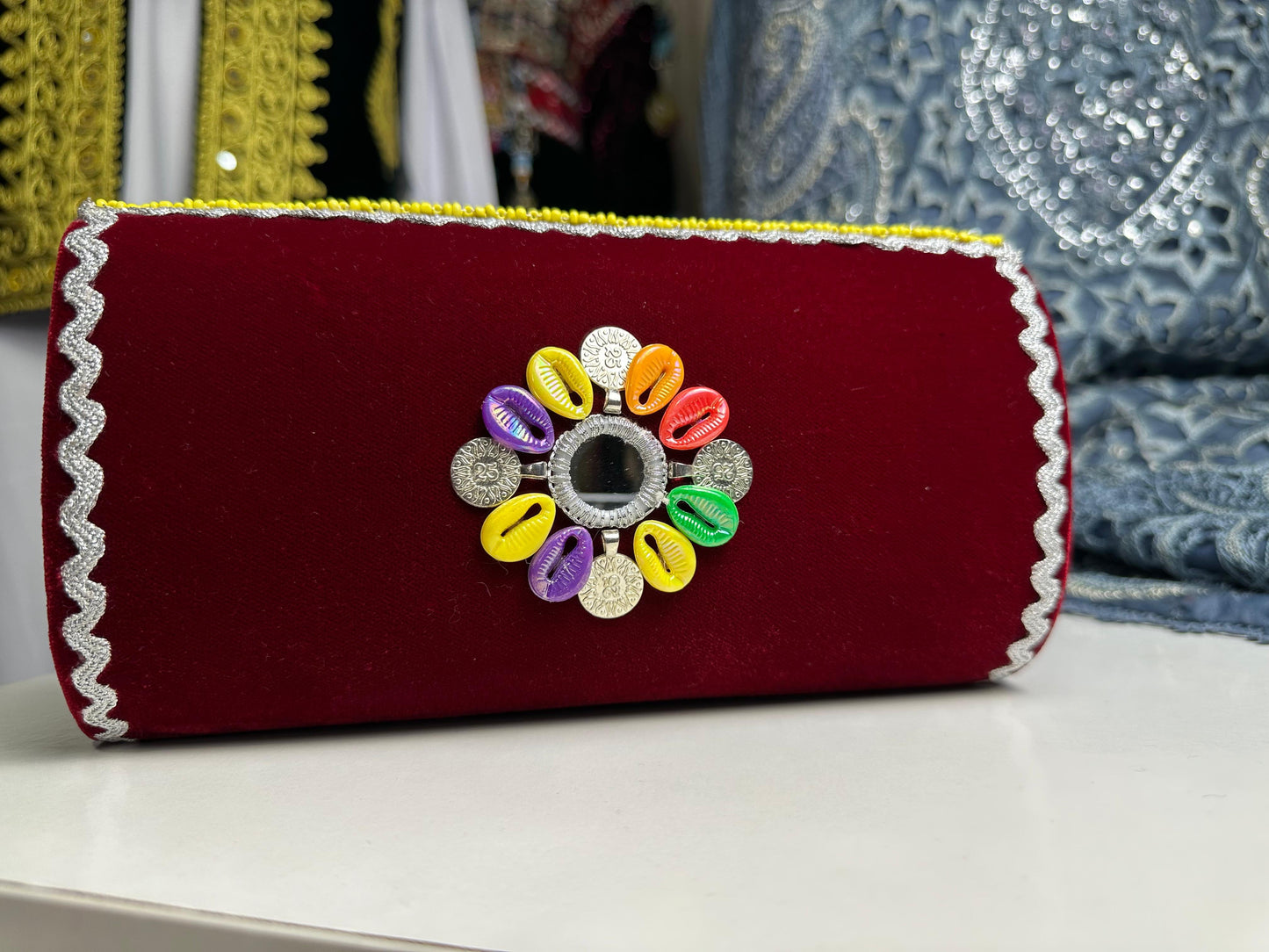 Afghan Clutch with Beads, Shell & Coin Details - Red