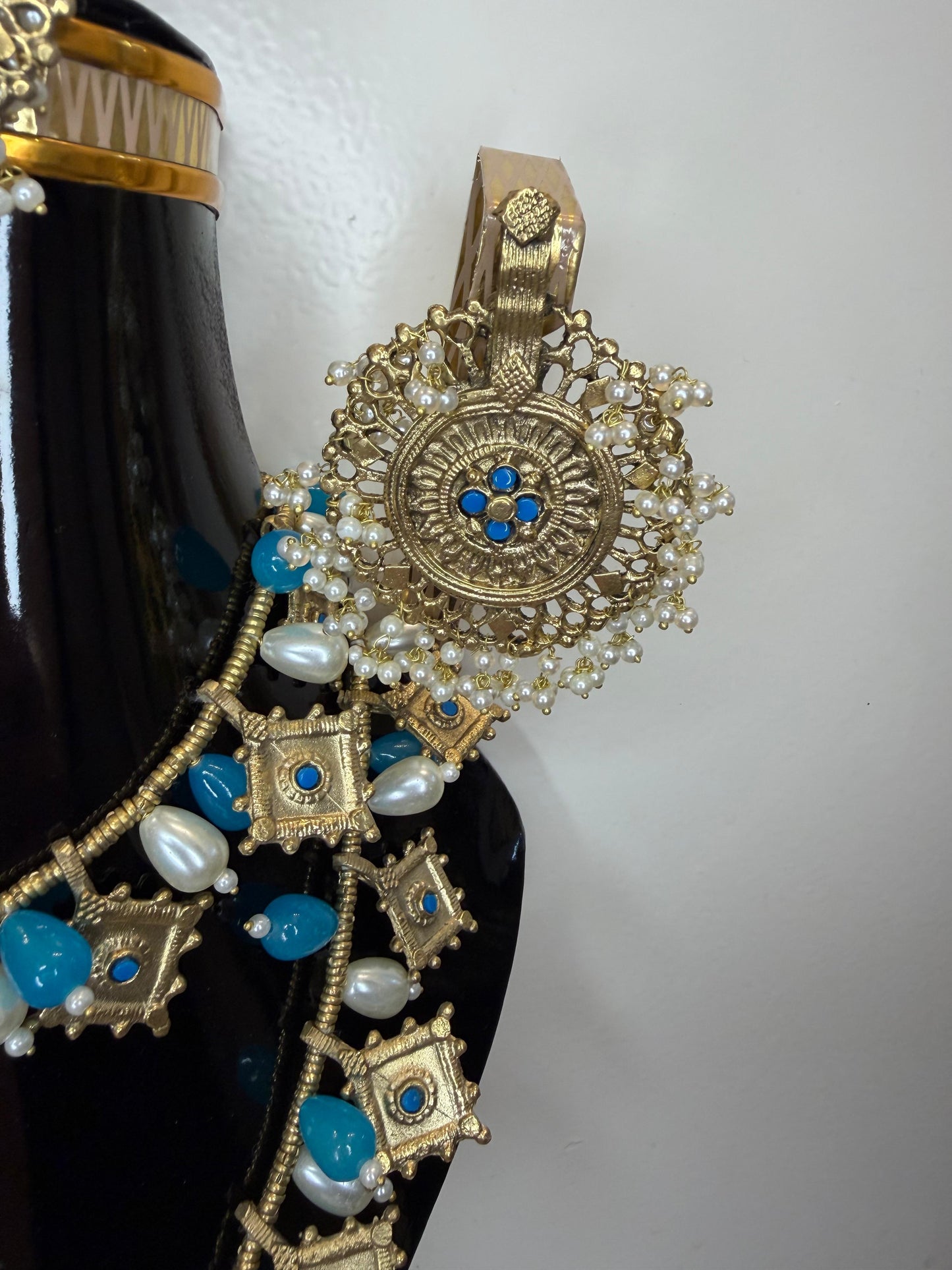 Afghan Jewelry Set with Necklace, Earrings & Headpiece – Blue & Gold