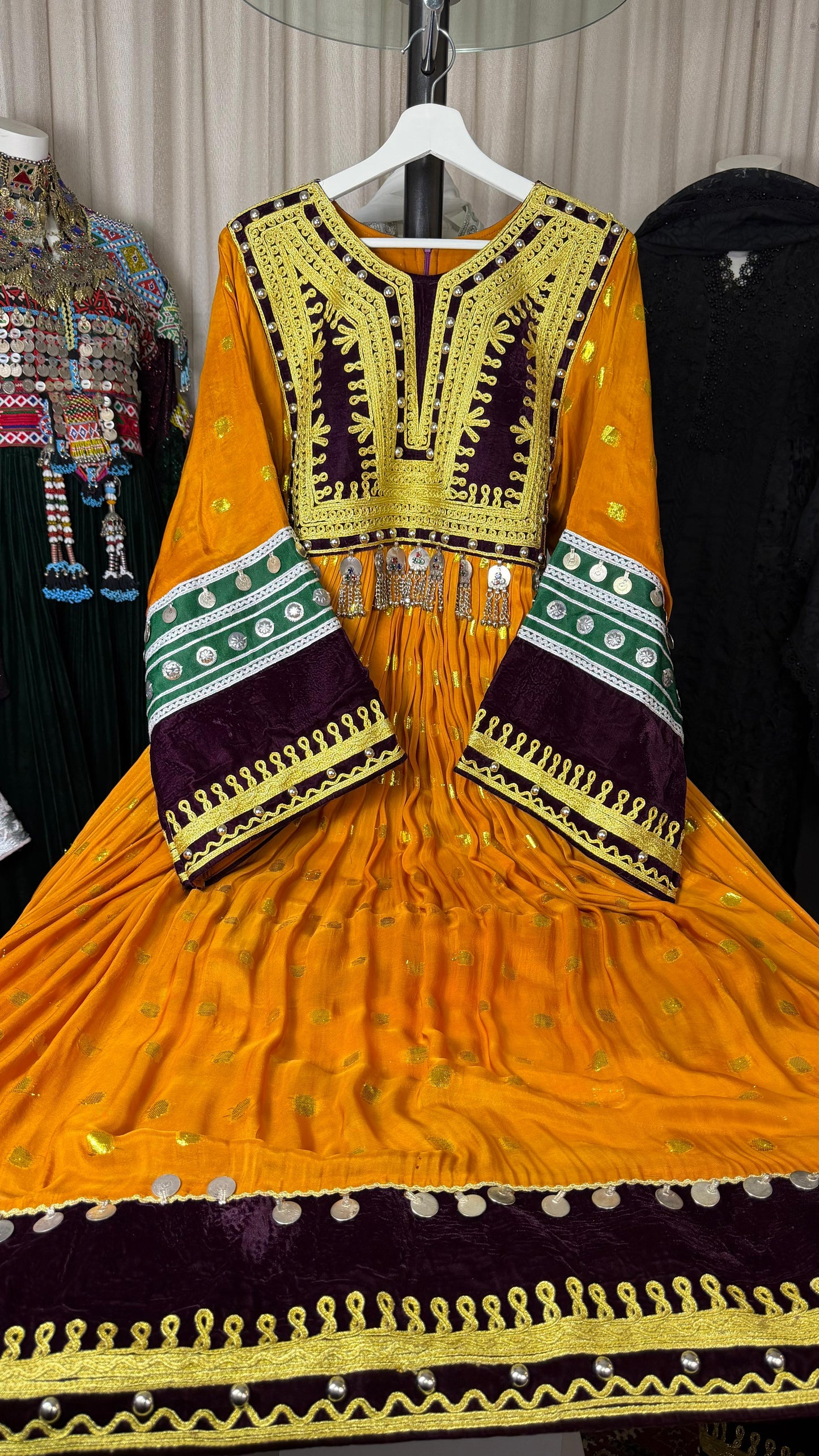 Afghan Traditional Dress with Shawl - Golden Orange & Purple