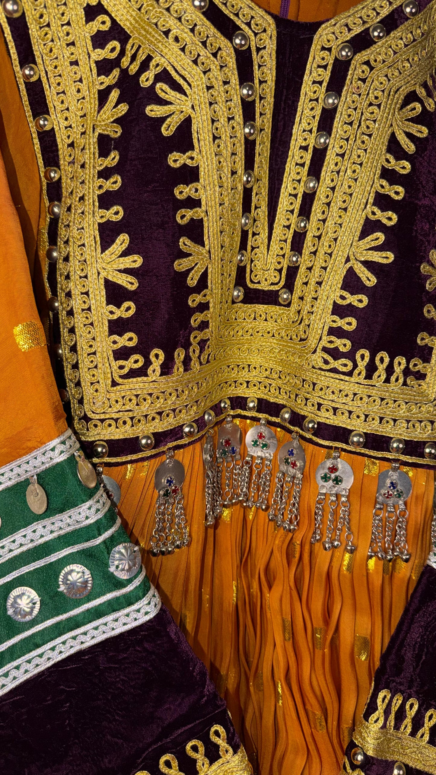 Afghan Traditional Dress with Shawl - Golden Orange & Purple
