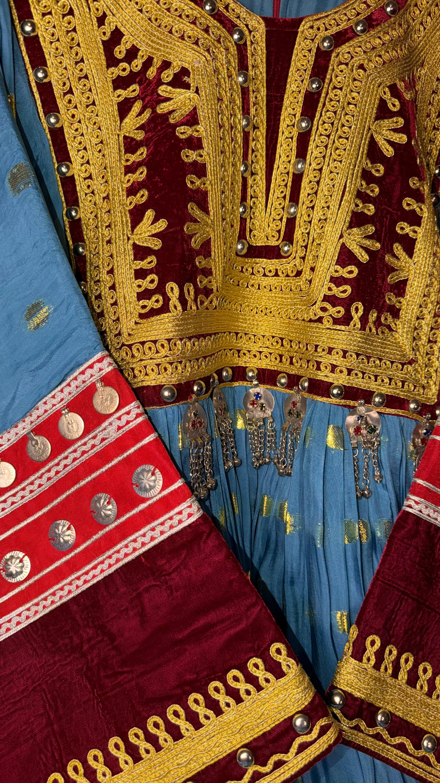 Afghan Traditional Dress with Shawl – Sky Blue & Red