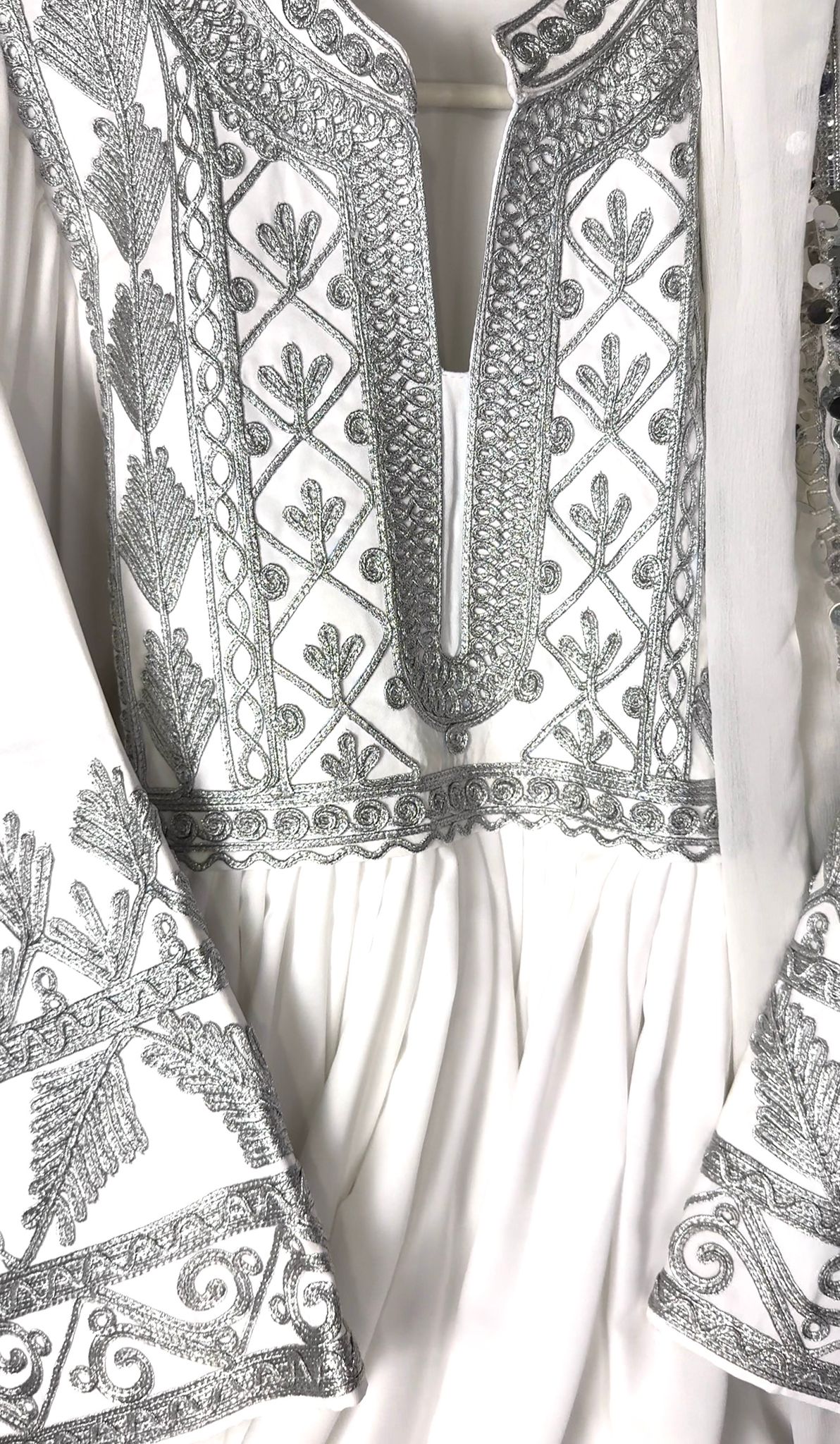 Afghan Traditional 3-Piece Set – Dress, Pants & Shawl – White & Silver