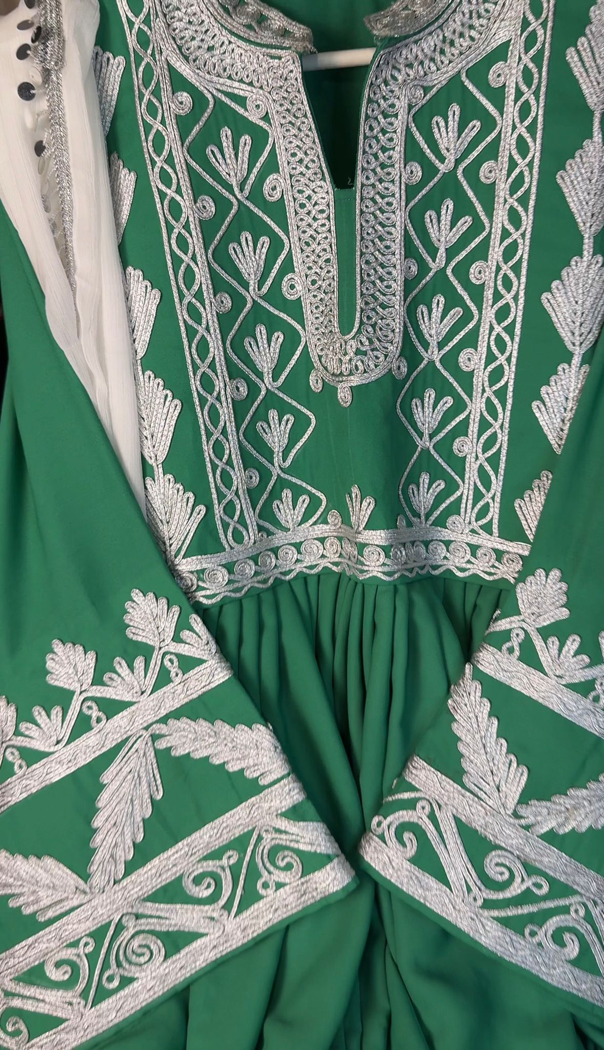 Afghan Traditional 3-Piece Set – Dress, Pants & Shawl – Green & Silver