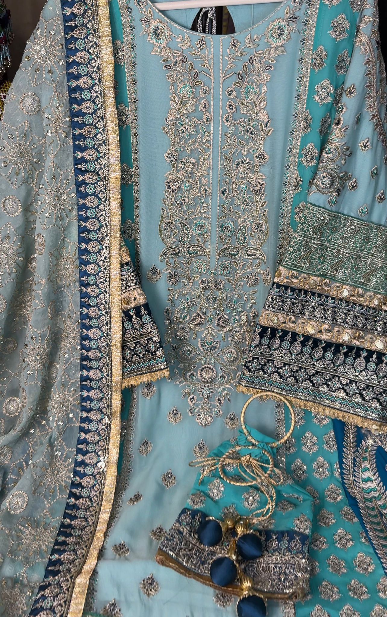Afghan Luxury 3-Piece Set – Light Blue & Gold