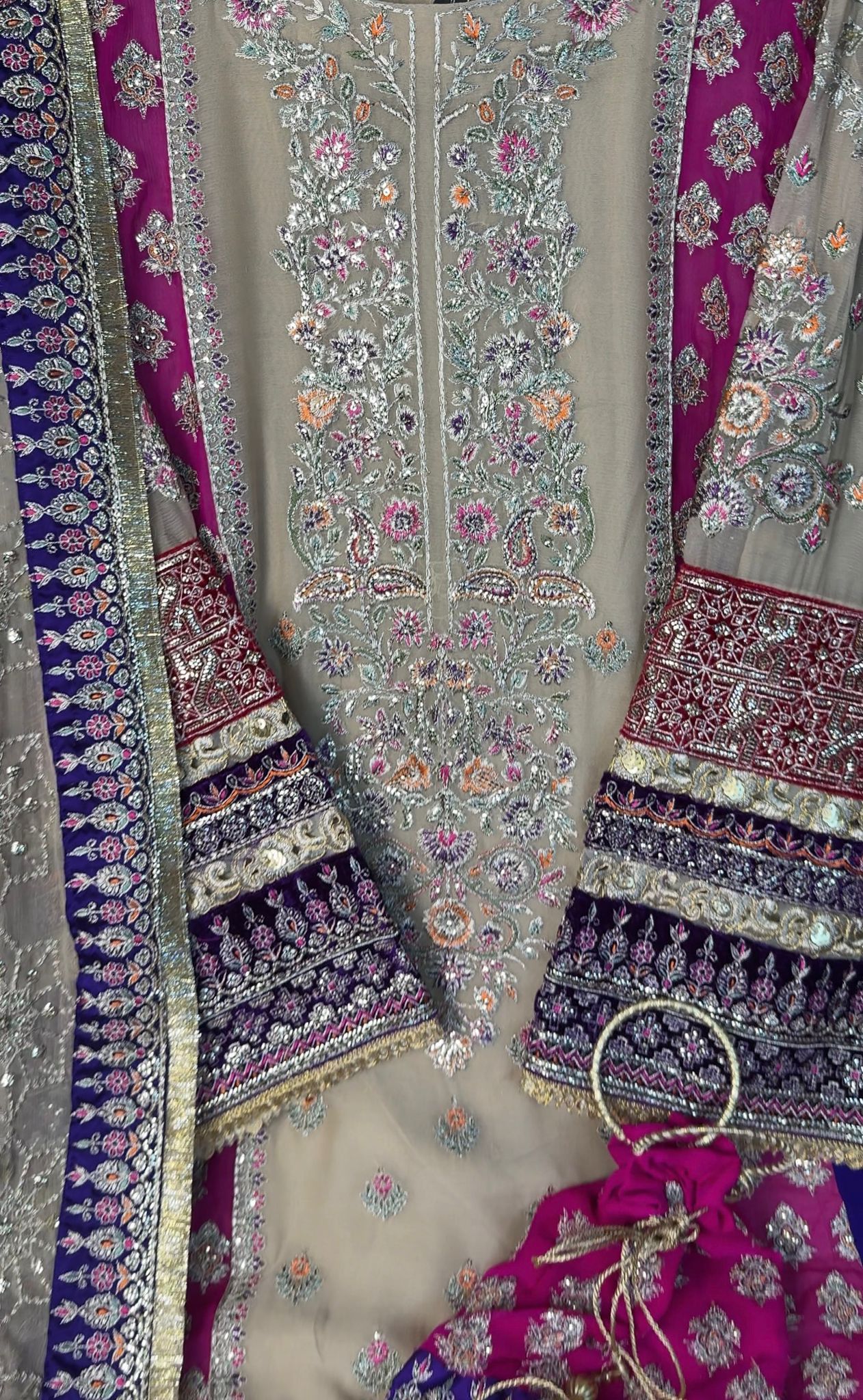 Afghan Luxury 3-Piece Set – Beige, Purple & Pink